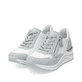 Blaue vegane remonte Damen Sneaker Low D0T01-12 mit einem Reißverschluss. Schuhpaar seitlich schräg.