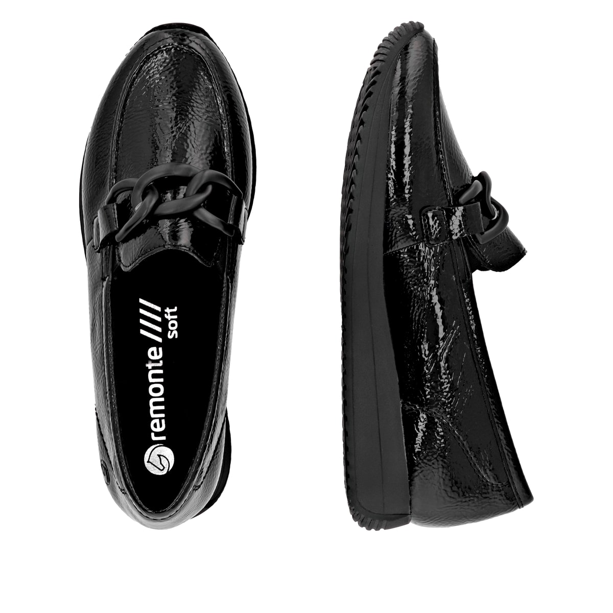Schwarze remonte Damen Loafer D0H15-02 mit Deko-Kette sowie einem Gummizug. Schuh von oben, liegend.