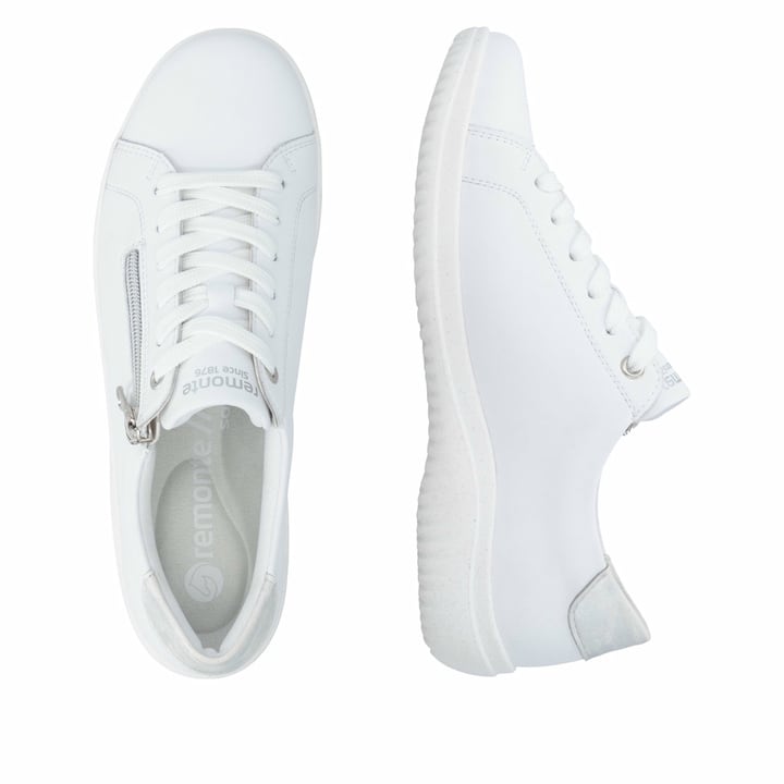 Weiße remonte Damen Schnürschuhe D1E03-81 mit einem Reißverschluss. Schuh von oben, liegend.