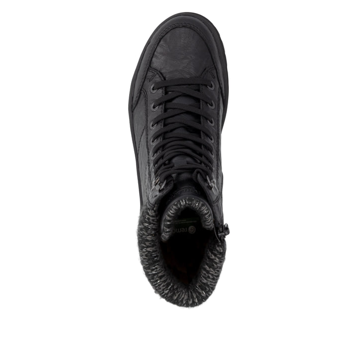 Schwarze remonte Damen Schnürstiefel D2U70-03 mit wasserabweisender TEX-Membran. Schuh von oben.