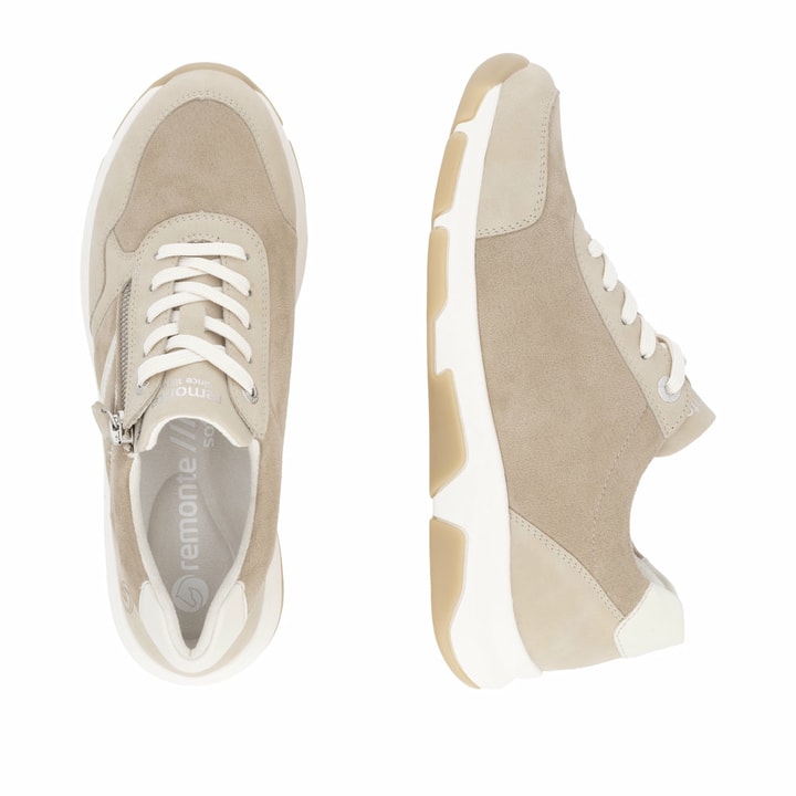 Beige vegane remonte Damen Sneaker Low D1S04-60 mit einem Reißverschluss. Schuh von oben, liegend.