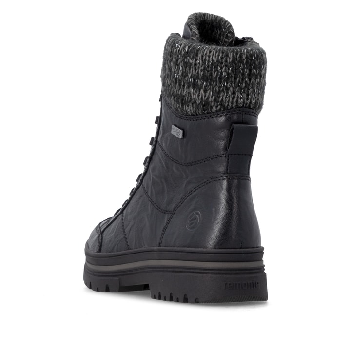 Schwarze remonte Damen Schnürstiefel D2U70-03 mit wasserabweisender TEX-Membran. Schuh von hinten.