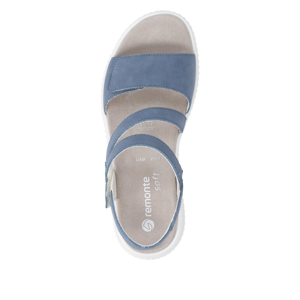 Blaue remonte Riemchensandalen D3L51-14 mit Klettverschluss sowie Extraweite H. Schuh von oben.