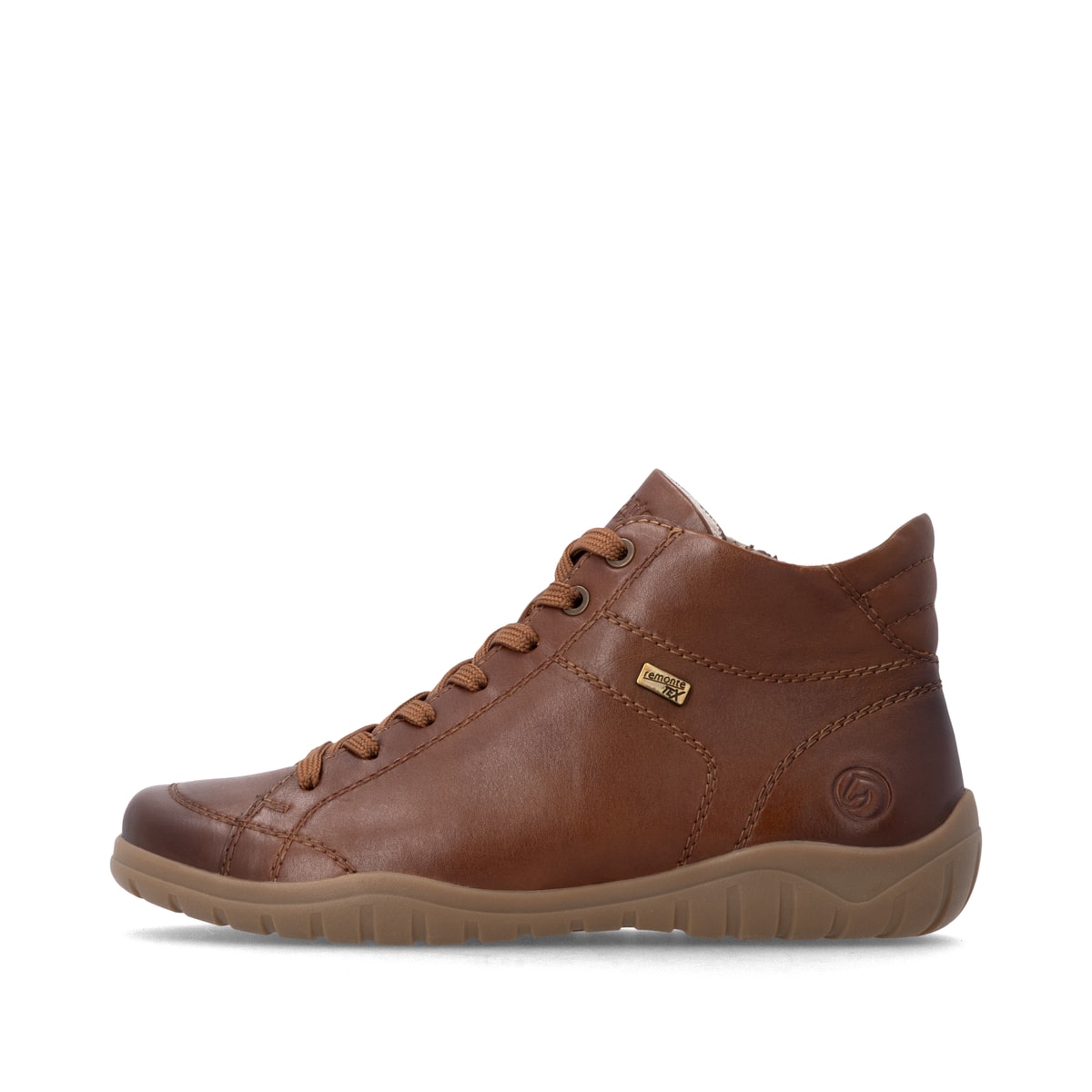 Braune remonte Damen Schnürstiefel D3T70-24 mit wasserabweisender TEX-Membran. Schuh Außenseite.