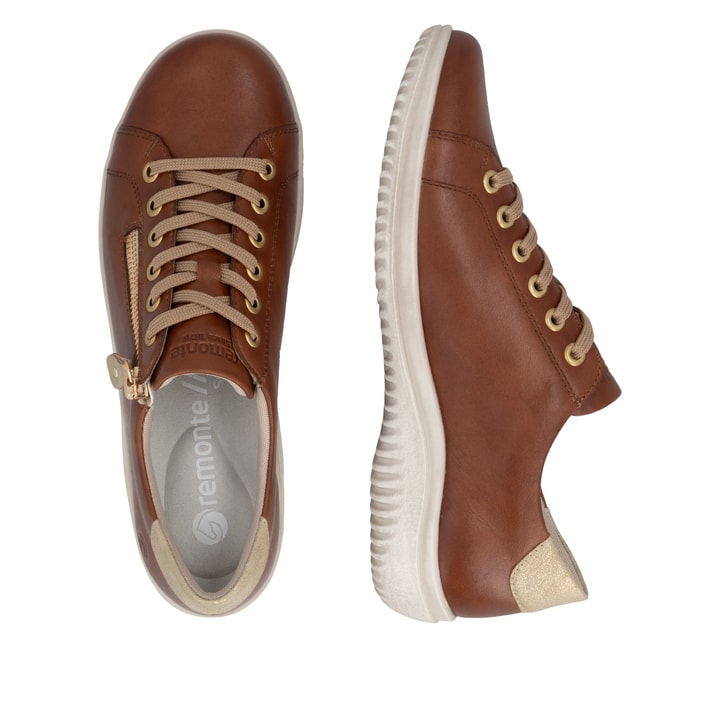 Braun-goldene remonte Damen Schnürschuhe D1E03-24 mit einem Reißverschluss. Schuh von oben, liegend.