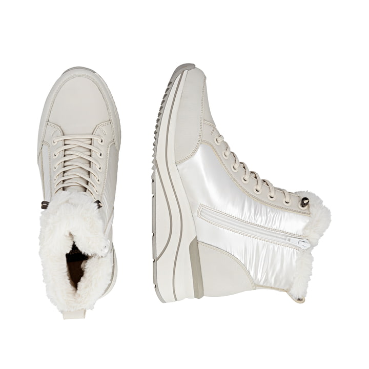 Weiße remonte Damen Schnürstiefel D0T80-80 mit wasserabweisender TEX-Membran. Schuh von oben, liegend.