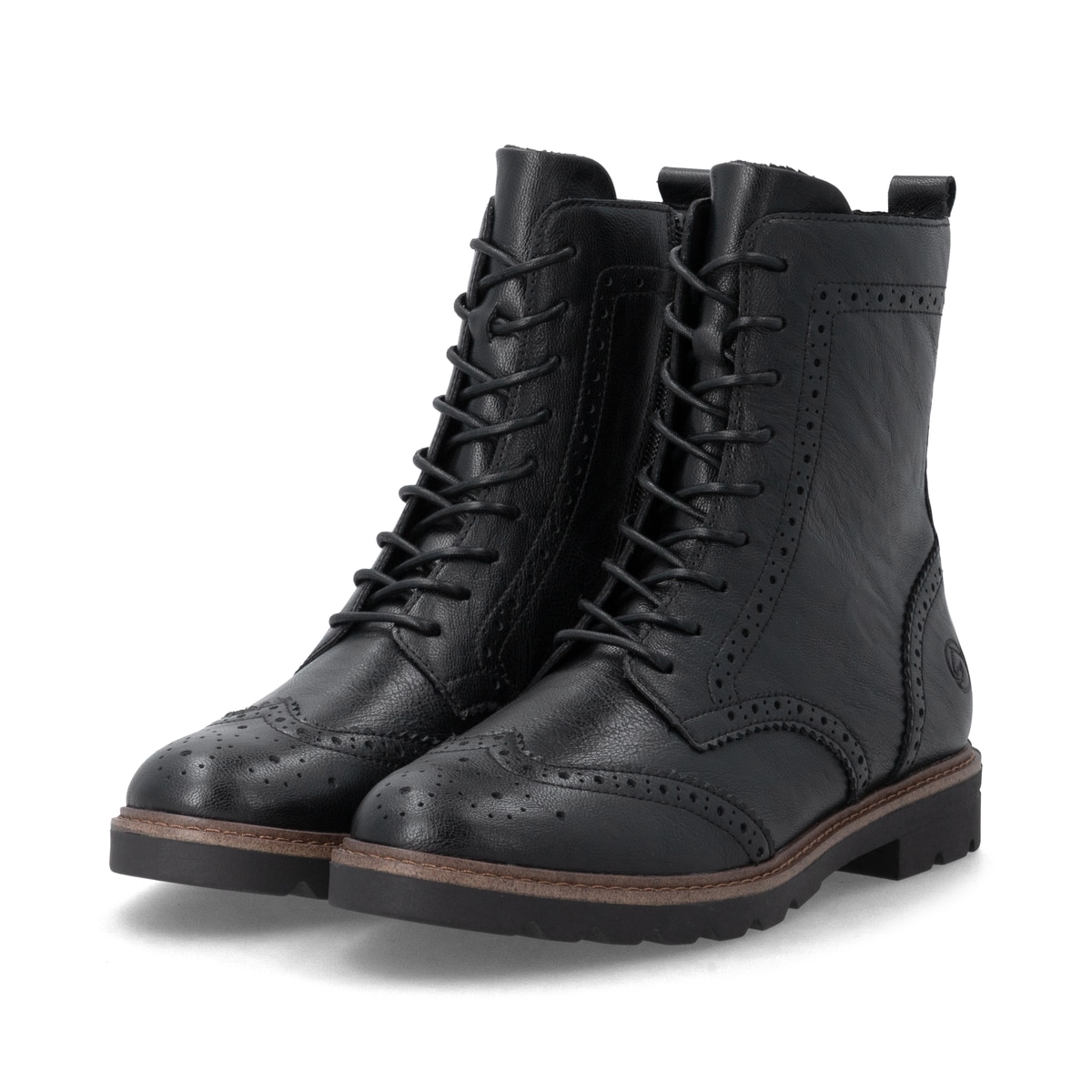 Schwarze remonte Damen Schnürstiefel D2Q73-00 mit einem Reißverschluss. Schuhpaar seitlich schräg.