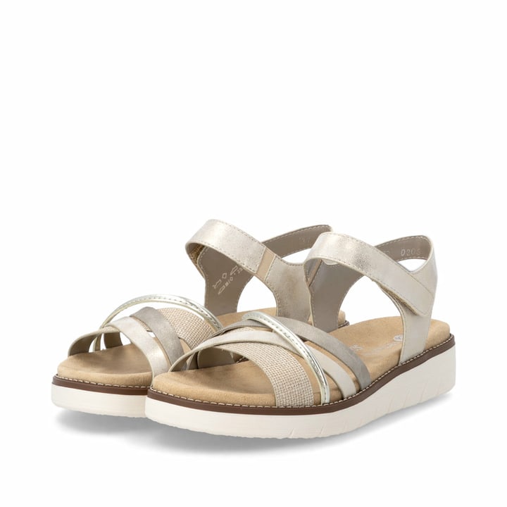 Metallische vegane remonte Riemchensandalen D2058-90 mit einem Klettverschluss. Schuhpaar seitlich schräg.