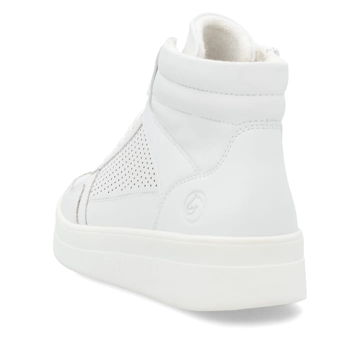 Weiße remonte Damen Sneaker High D0J70-84 mit einem Reißverschluss. Schuh von hinten.
