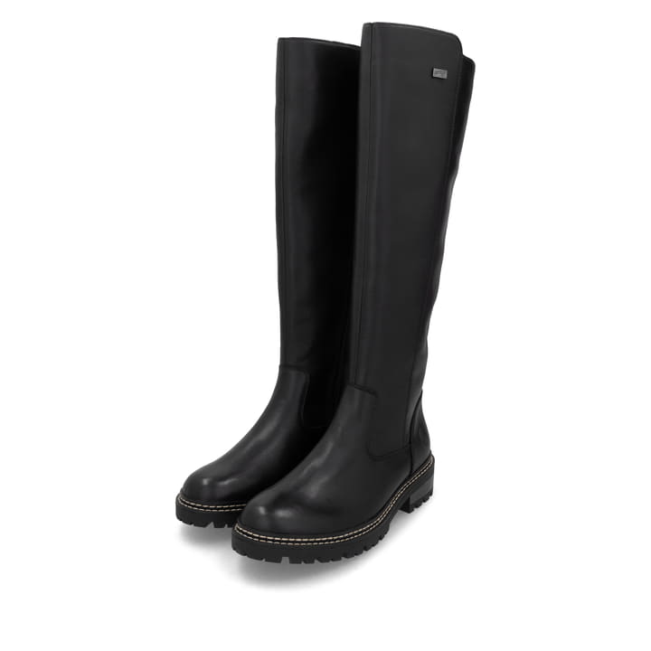 Schwarze remonte Hochschaftstiefel D0B72-01 mit wasserabweisender TEX-Membran. Schuhpaar seitlich schräg.