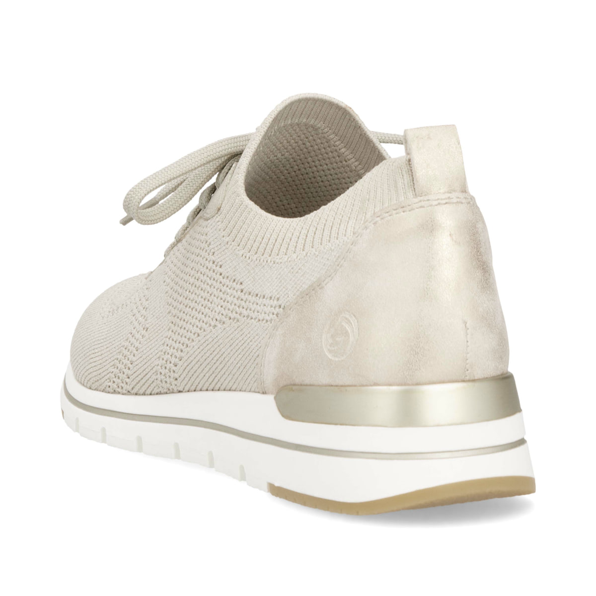 Beige remonte Damen Slipper R6712-60 mit einem Gummizug sowie der Komfortweite G. Schuh von hinten.