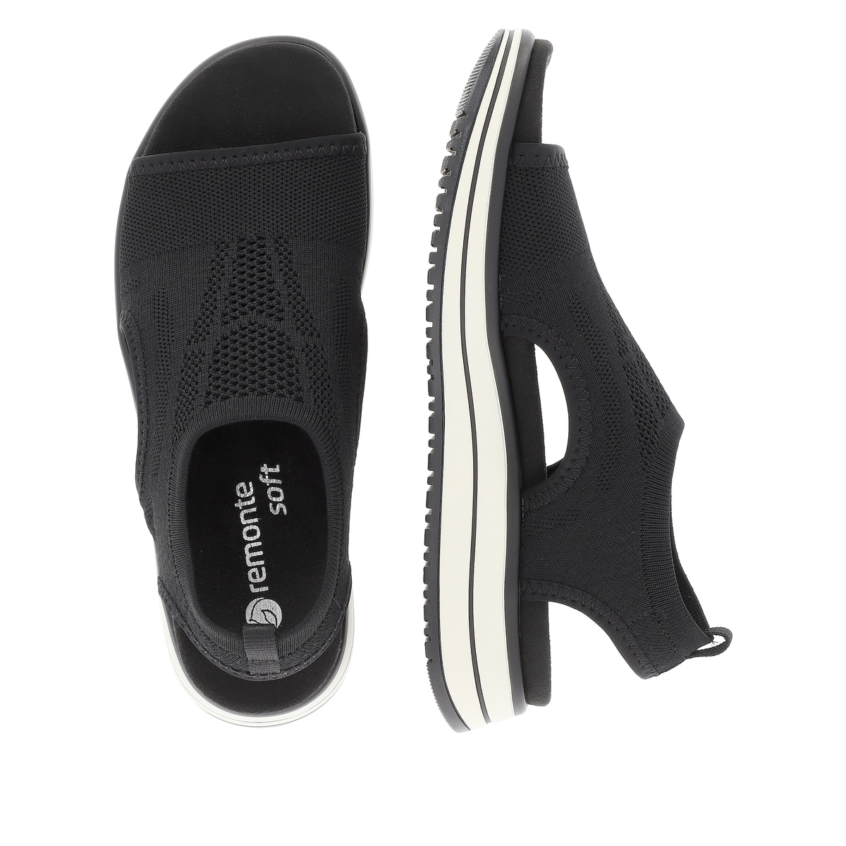 Schwarze remonte Damen Riemchensandalen D1J52-00 mit einem Elastikeinsatz. Schuh von oben, liegend.