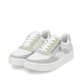 Weiße remonte Damen Sneaker Low D0J01-87 mit einem Reißverschluss. Schuhpaar seitlich schräg.