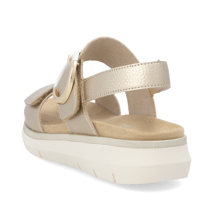 Goldene remonte Keilsandaletten D2K50-90 mit einem Klettverschluss. Schuh von hinten.