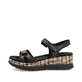 Schwarze remonte Keilsandaletten D2P52-00 mit einem Klettverschluss. Schuh Außenseite.