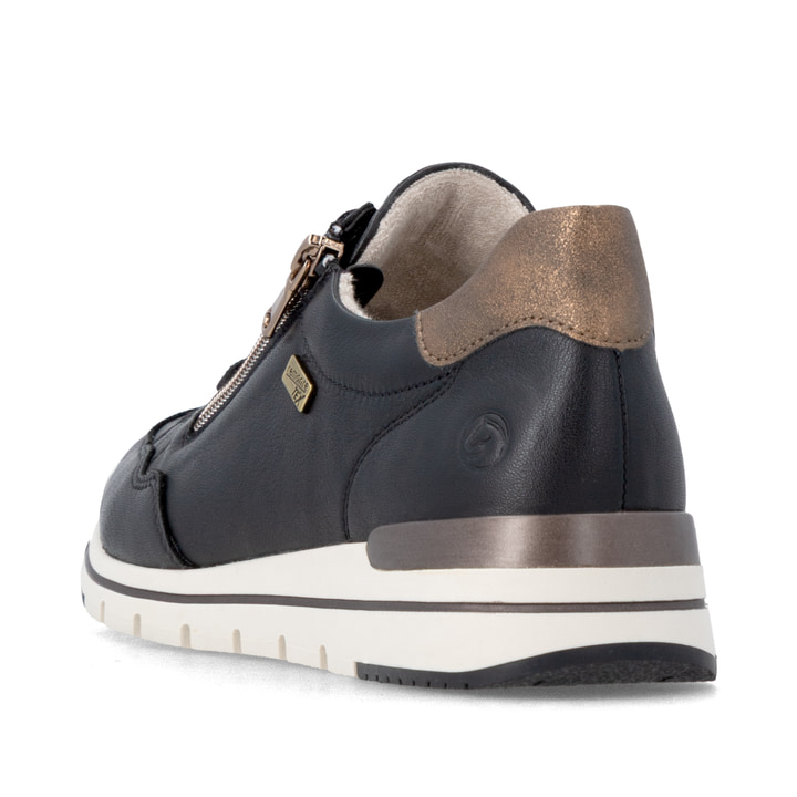 Schwarz-bronzene remonte Damen Sneaker R6716-03. Schuh von hinten.