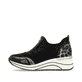 Nachtschwarze vegane remonte Damen Sneaker D0T08-02 mit Animal-Print. Schuh Außenseite.