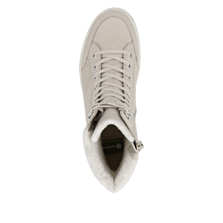 Beige remonte Damen Schnürstiefel D2U70-62 mit griffiger Glass-Fibre Sohle. Schuh von oben.