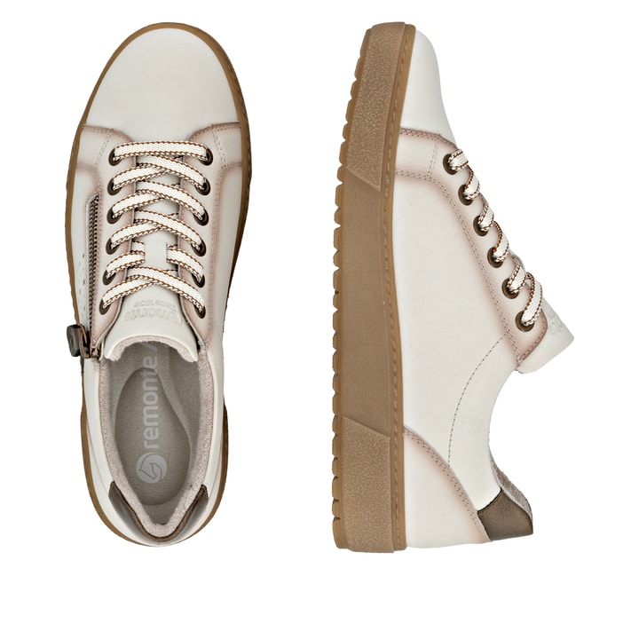Beige remonte Damen Sneaker D2T00-60 mit wasserabweisender remonteTEX-Membran. Schuh von oben, liegend.