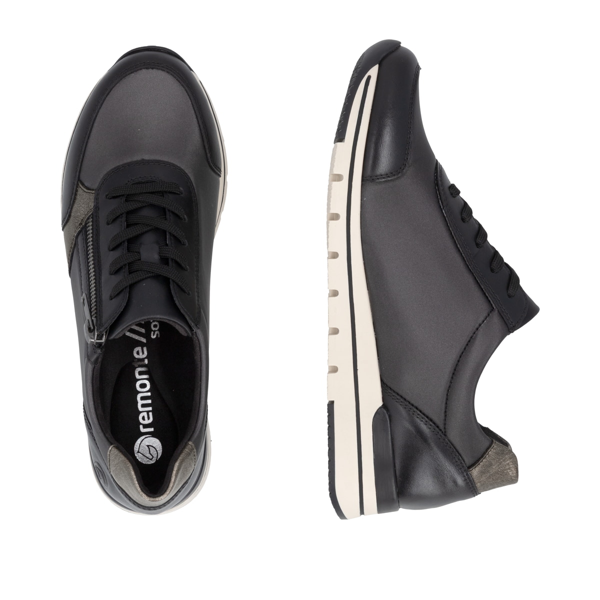 Baskets basses remonte noires pour femmes R6700-04 avec fermeture éclair. Chaussure vue de dessus, couchée.
