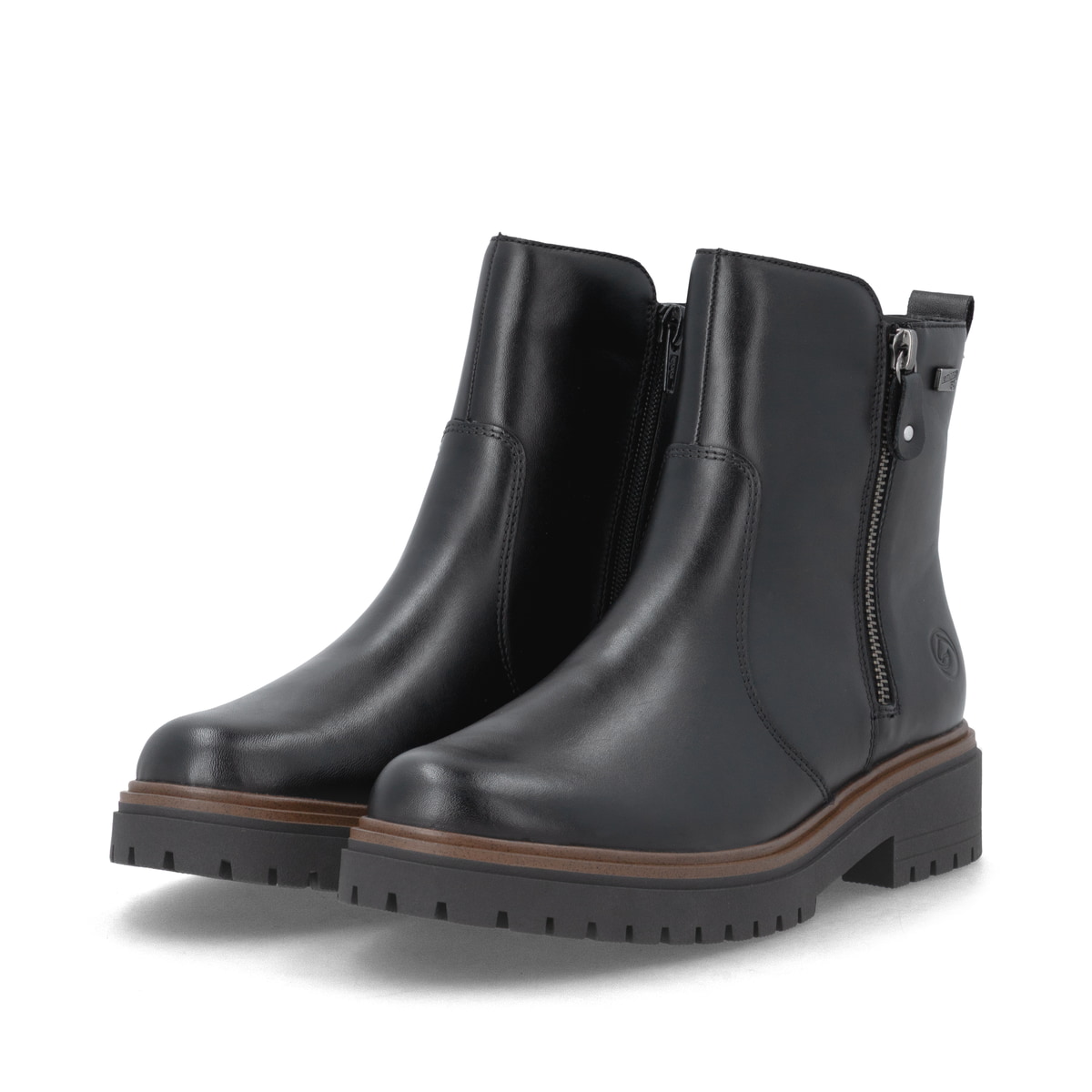 Schwarze remonte Damen Kurzstiefel D4B72-00 mit wasserabweisender TEX-Membran. Schuhpaar seitlich schräg.