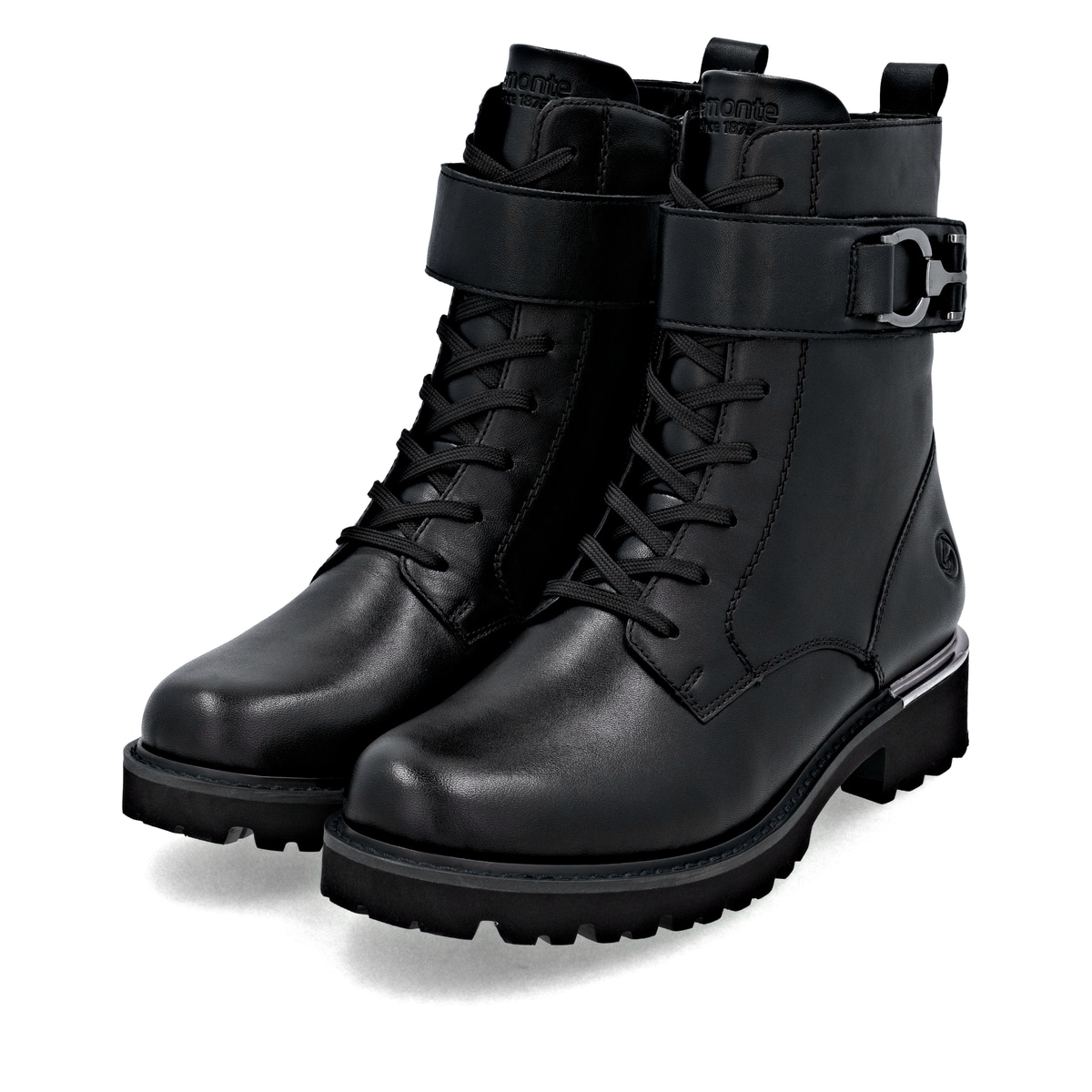 Schwarze remonte Damen Schnürstiefel D8657-00 mit einem Reißverschluss. Schuhpaar seitlich schräg.