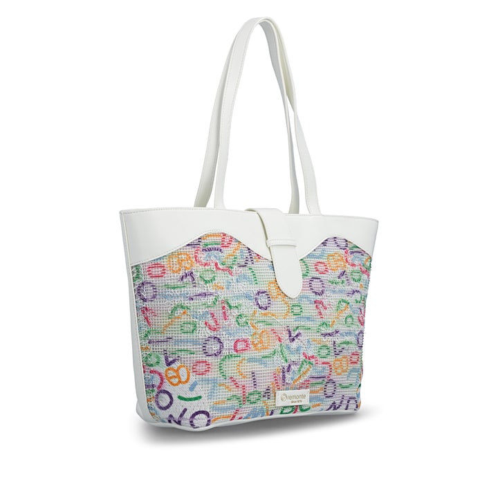 Sac à main remonte Q0772-80 blanc avec tissu en maille brodée colorée avec fermeture magnétique. Côté gauche.