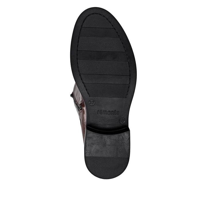 Dunkelbraune remonte Hochschaftstiefel D2W77-25 mit einem Reißverschluss. Schuh Laufsohle.