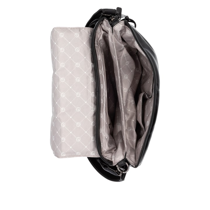 Sac à main remonte Q0716-00 en noir avec fermeture éclair et des bretelles ajustables. Ouvert.