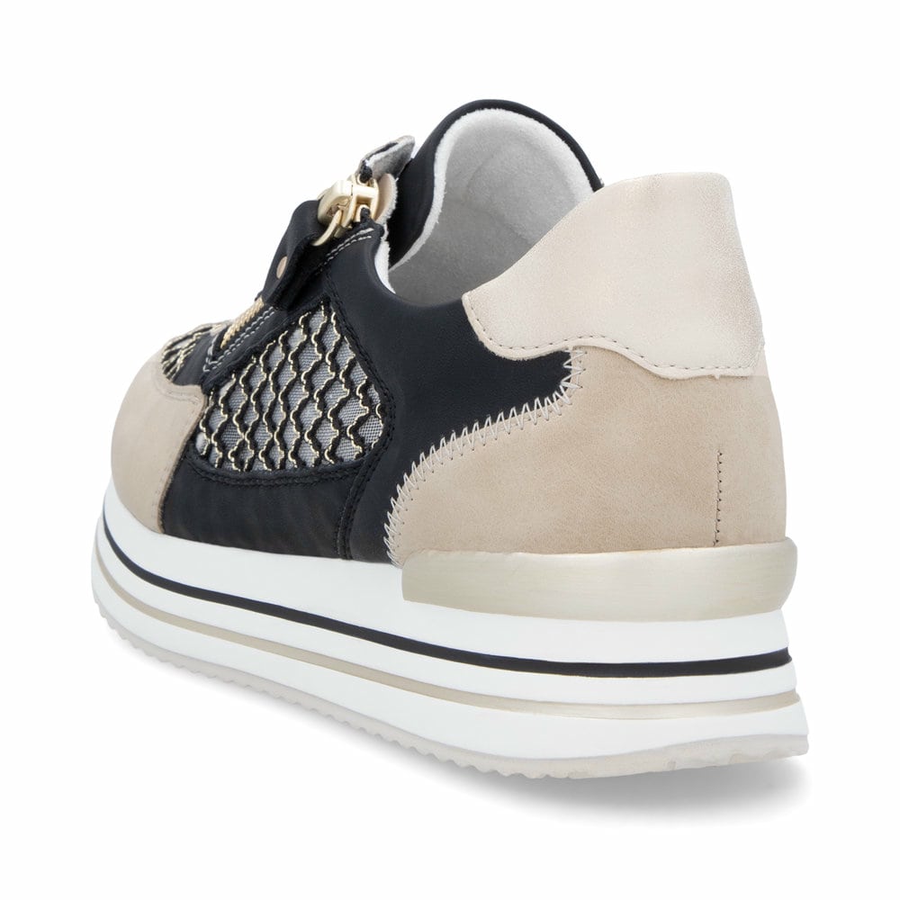 Schwarze vegane remonte Damen Sneaker Low D1329-03 mit einem Reißverschluss. Schuh von hinten.