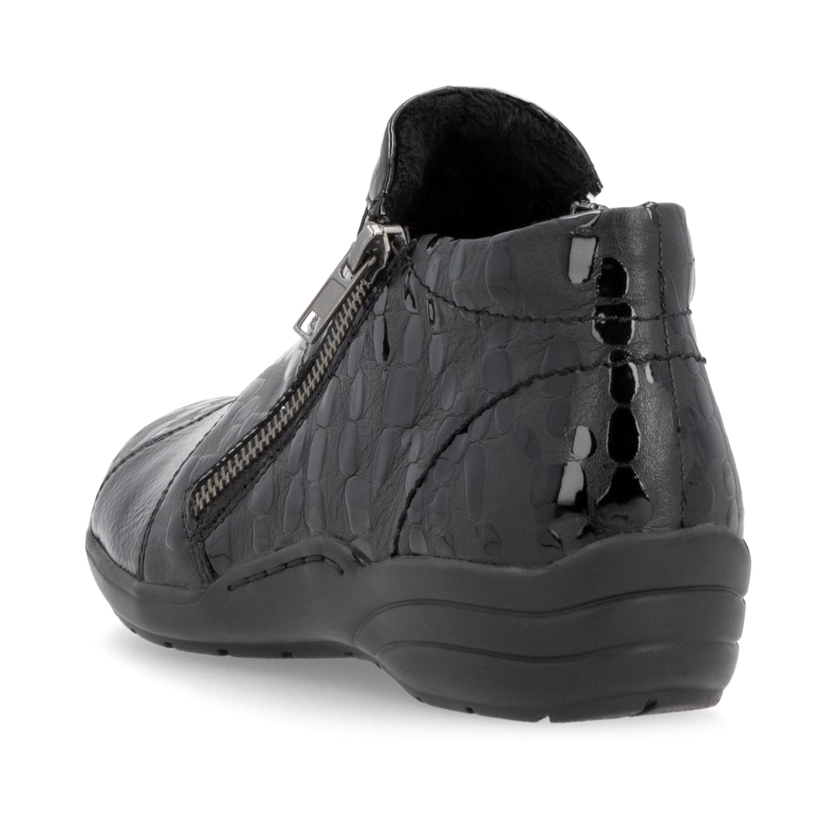 Schwarze remonte Damen Kurzstiefel R7674-04 mit einem Reißverschluss. Schuh von hinten.