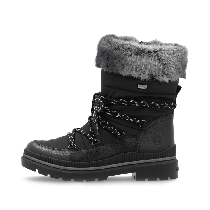 Tiefschwarze remonte Damen Kurzstiefel D0C81-03 mit griffiger Glass-Fibre Sohle. Schuh Außenseite.