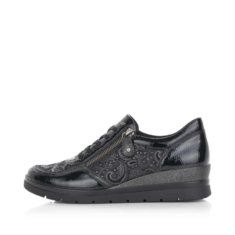 Baskets basses remonte noires pour femme R0701-03 avec fermeture éclair. Côté extérieur de la chaussure.