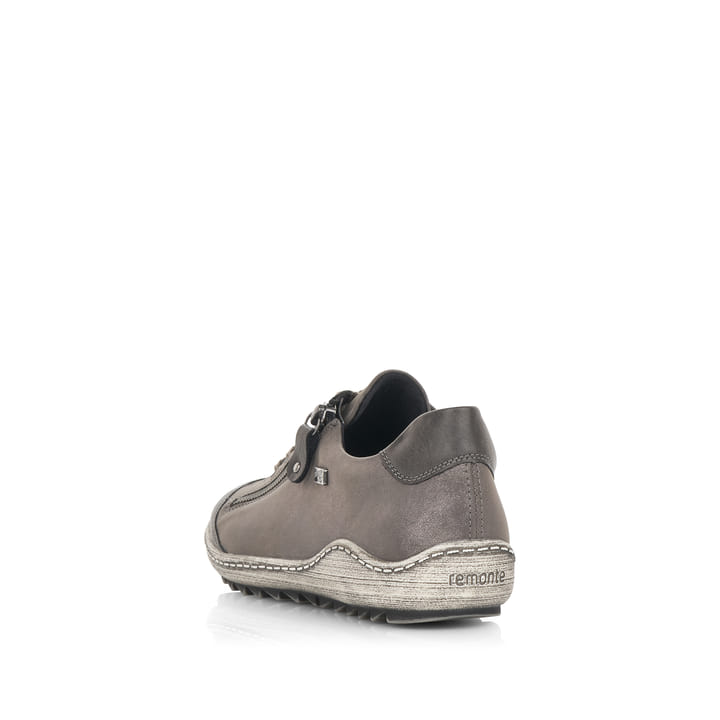 Graue remonte Damen Schnürschuhe R1402-44 mit wasserabweisender TEX-Membran. Schuh von hinten.