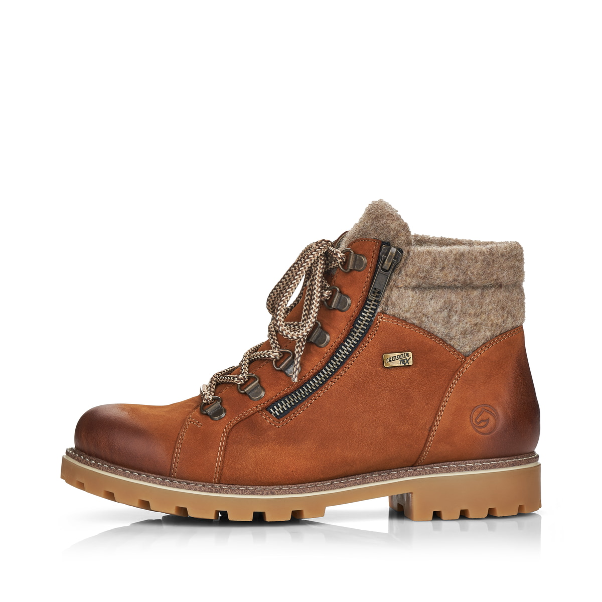 Braune remonte Damen Schnürstiefel D7478-22 mit einer dämpfenden Profilsohle. Schuh Außenseite