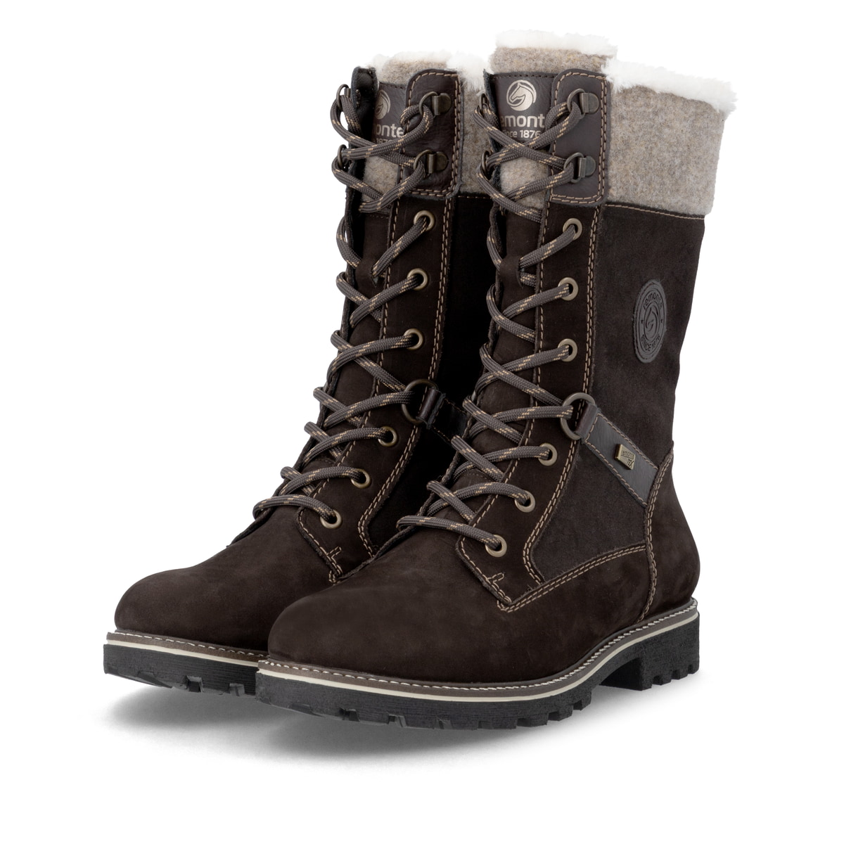 Dunkelbraune remonte Hochschaftstiefel D8474-25. Schuhpaar seitlich schräg.