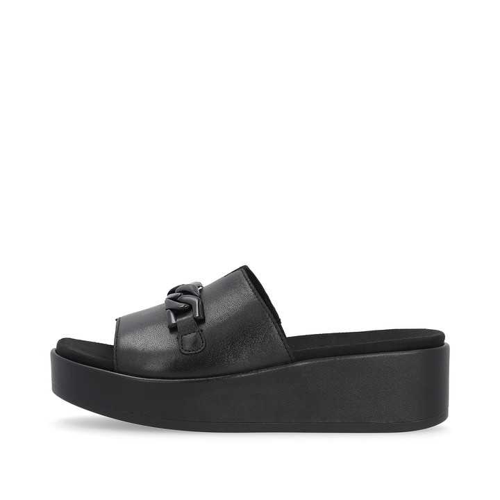 Mitternachtsschwarze remonte Damen Pantoletten D1N51-00 mit stylischer Kette. Schuh Außenseite.