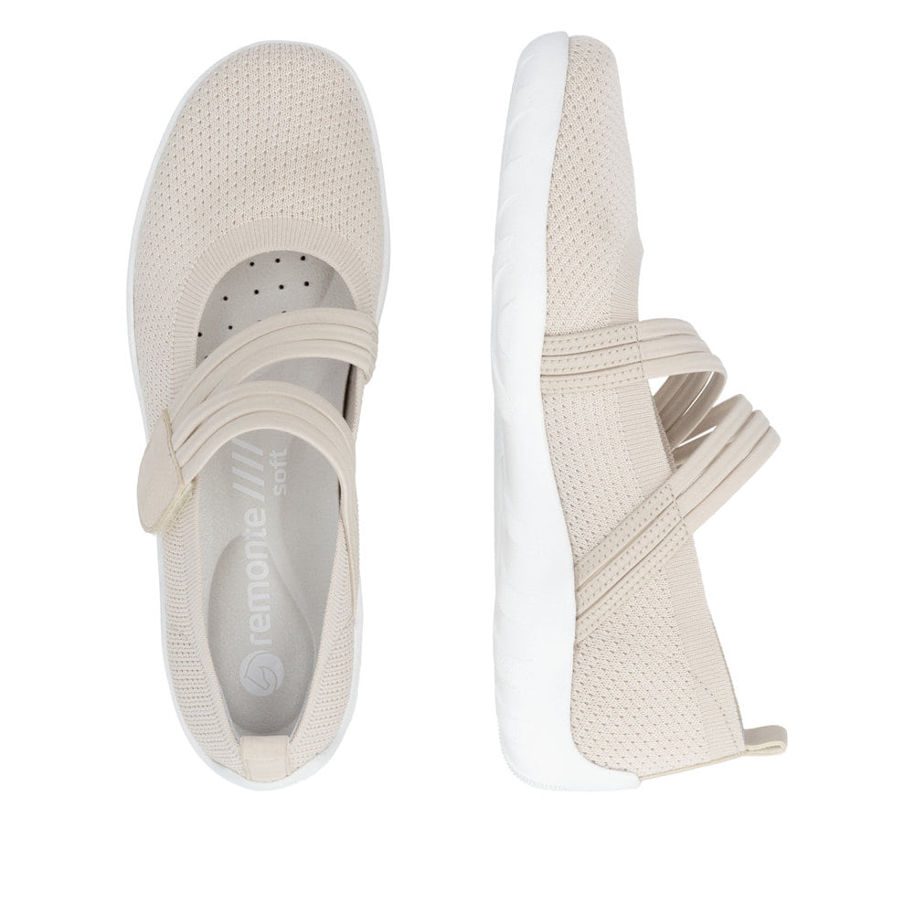 Ballerines remonte beiges pour femme R3519-60 avec fermeture velcro. Chaussure vue de dessus, couchée.