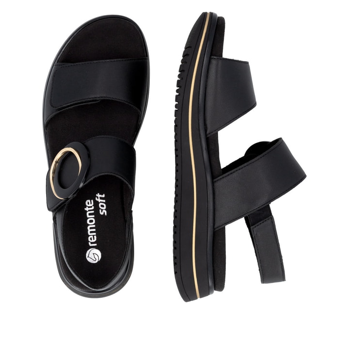 Sandales à lanières remonte noires femme D1J63-00 avec boucle tendance. Chaussure vue de dessus, couchée.