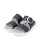 Blaue remonte Damen Pantoletten D2K51-14 mit einem Klettverschluss. Schuhpaar seitlich schräg.