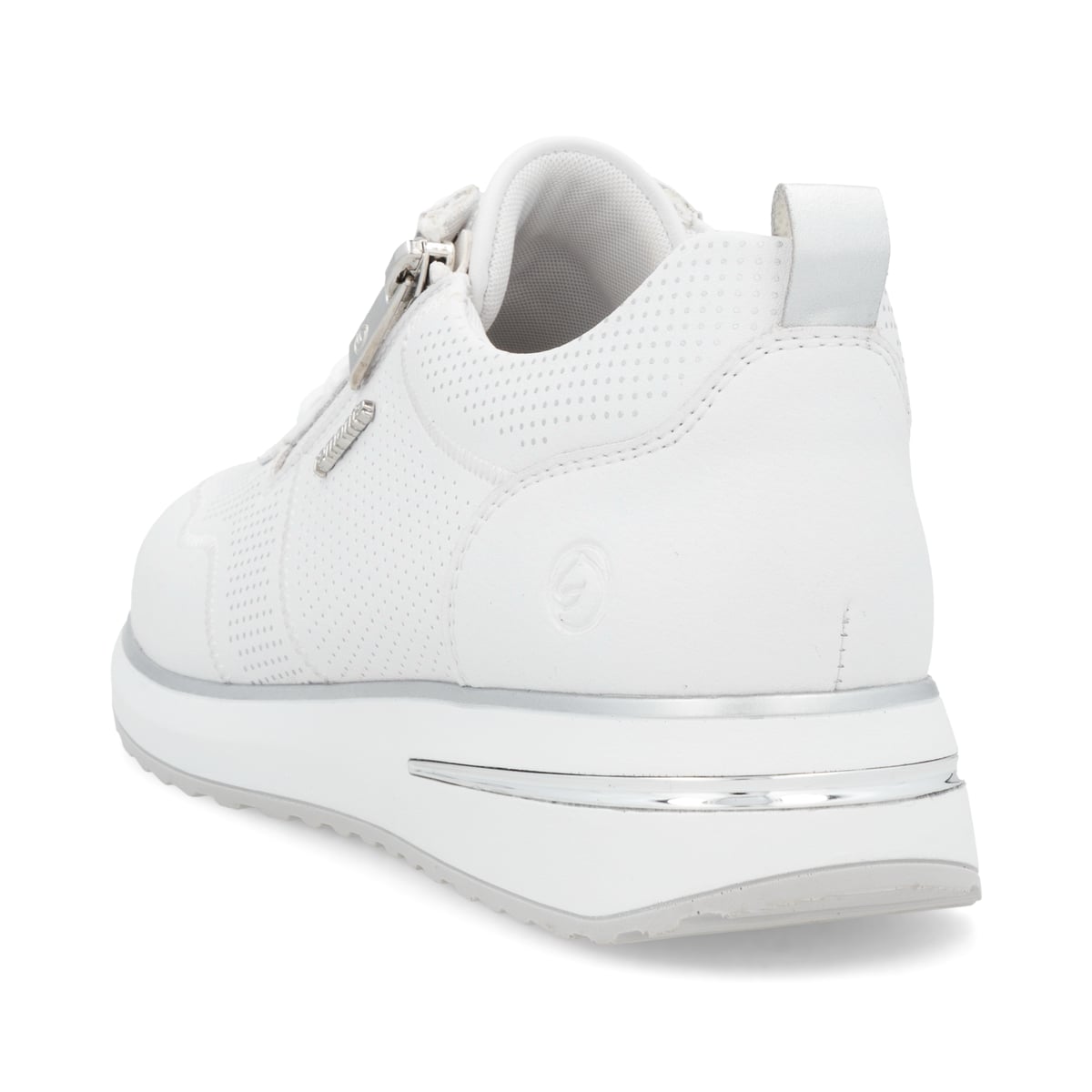 Weiße remonte Damen Sneaker Low D1G09-80 mit einem Reißverschluss. Schuh von hinten.