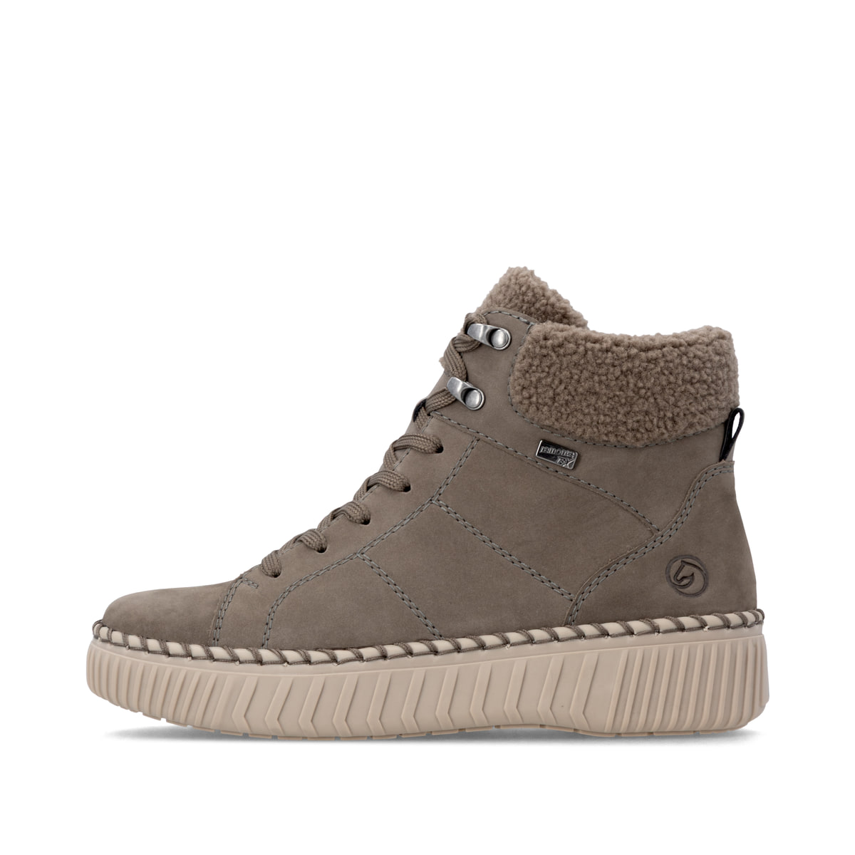 Graue remonte Damen Schnürstiefel D4A74-42 mit wasserabweisender TEX-Membran. Schuh Außenseite.