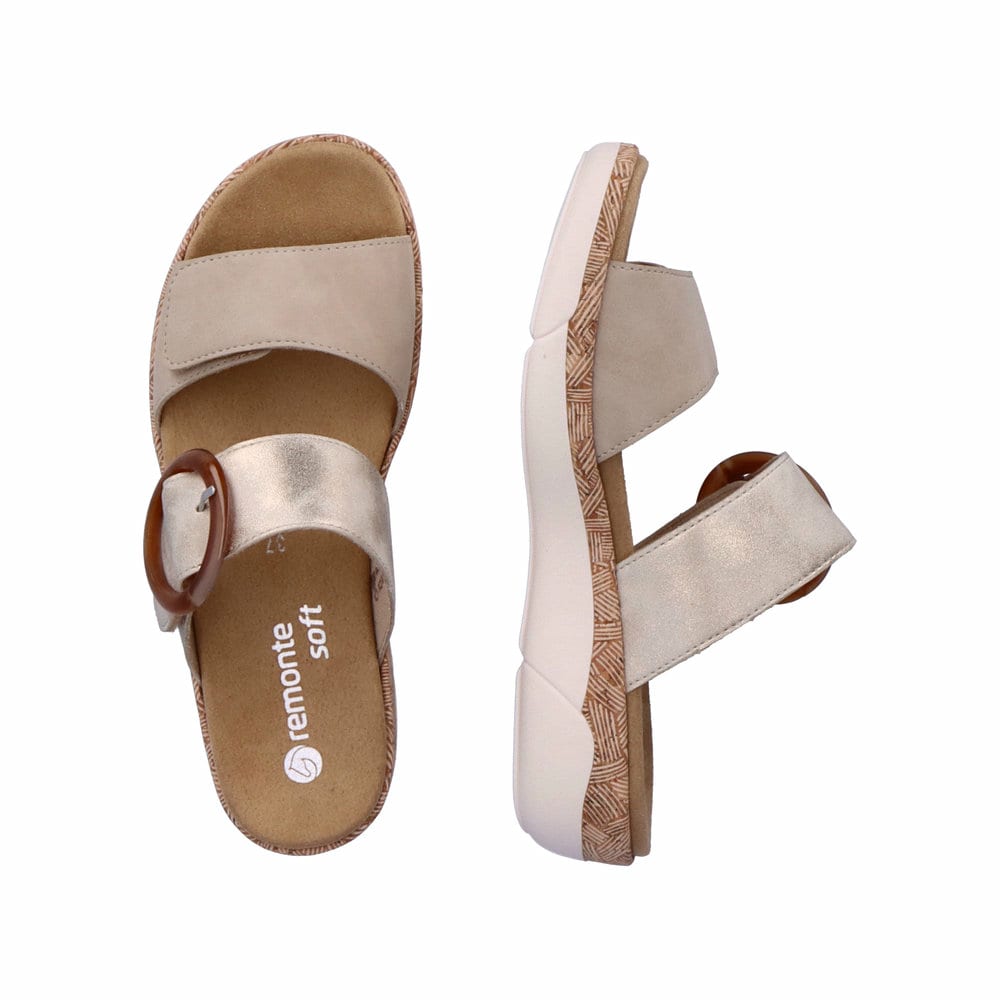 Beige remonte Damen Pantoletten R6858-60 mit einem Klettverschluss. Schuh von oben, liegend.