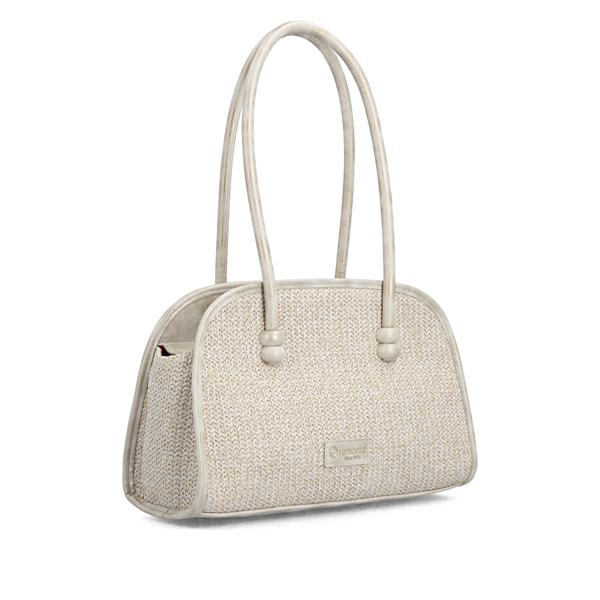 Sac à main remonte Q0768-60 beige avec poignées de transport avec perles décoratives et fermeture éclair. Côté gauche.