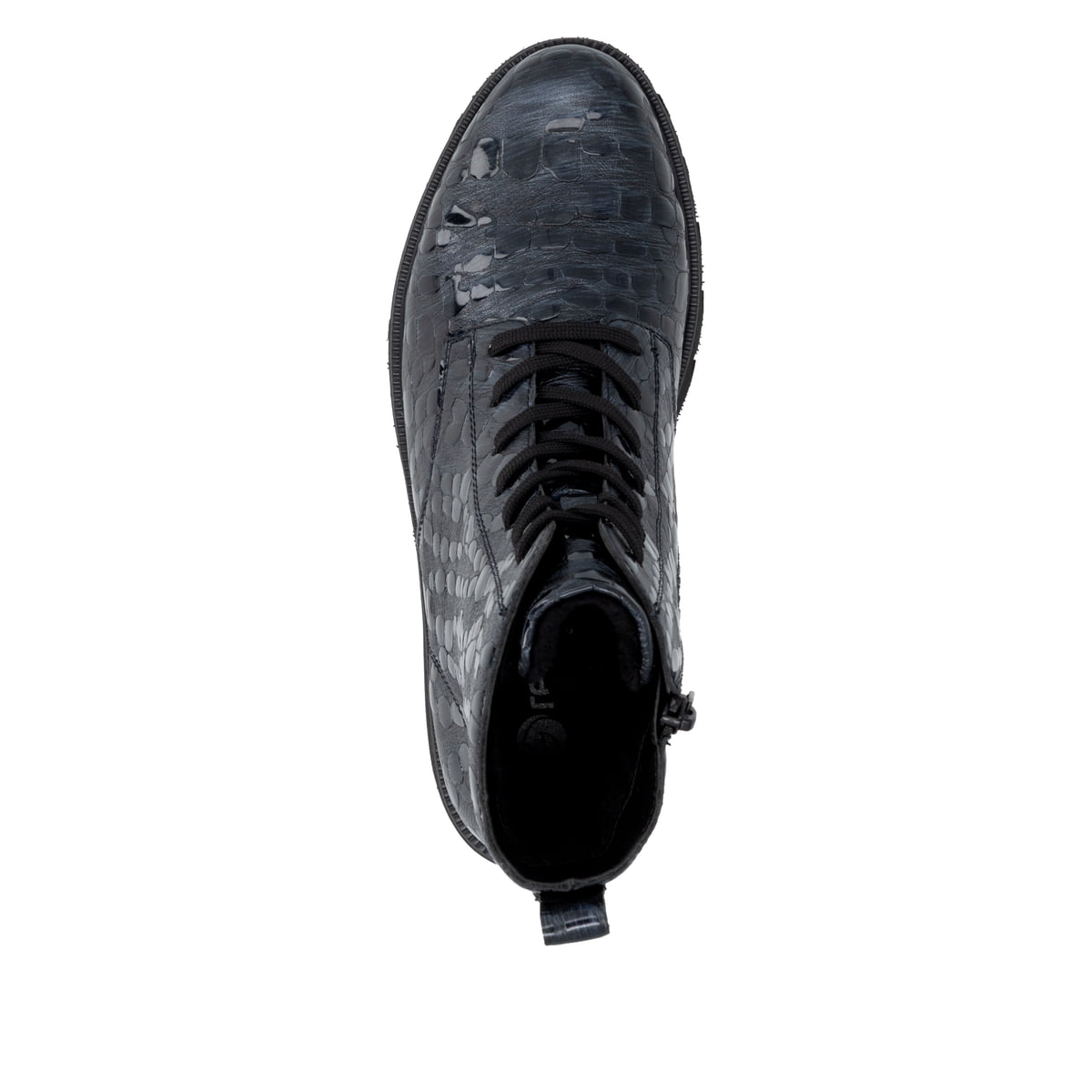 Dunkelblaue remonte Damen Schnürstiefel D3S72-14 mit einem Reißverschluss. Schuh von oben.