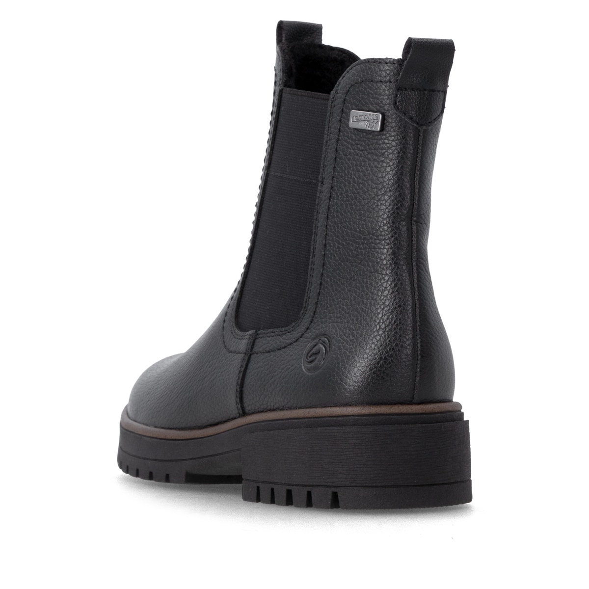 Schwarze remonte Chelsea Boots D3W73-00 mit wasserabweisender remonteTEX-Membran. Schuh von hinten.