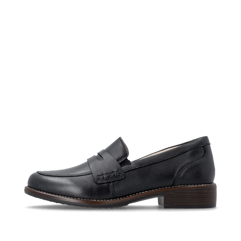 Schwarze remonte Damen Loafer D0F05-00 mit einem Gummizug. Schuh Außenseite.
