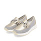 Metallische remonte Damen Loafer D2G02-90 mit Gummizug sowie der Komfortweite G. Schuhpaar seitlich schräg.