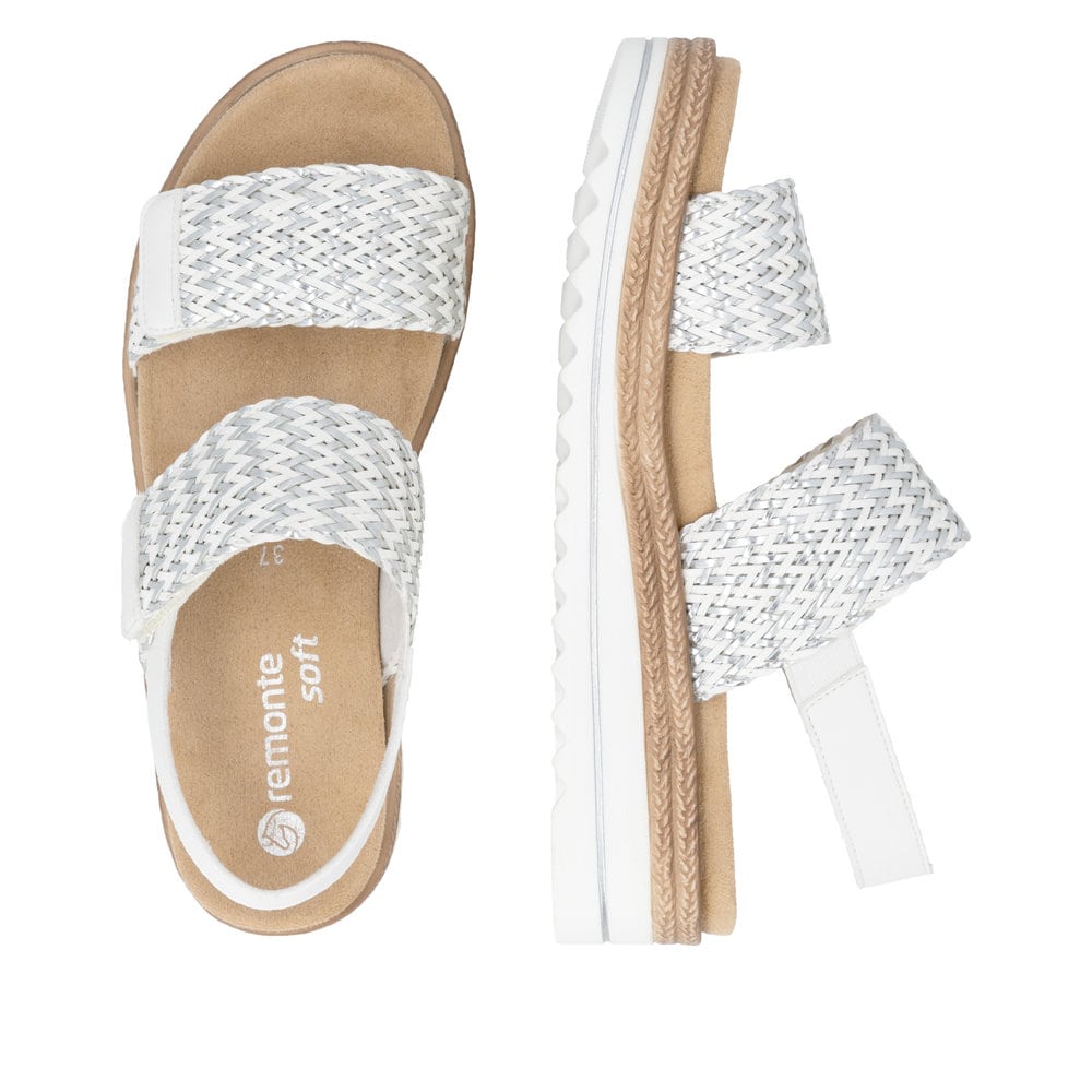 Silberne remonte Keilsandaletten D0Q63-91 mit einem Klettverschluss. Schuh von oben, liegend.