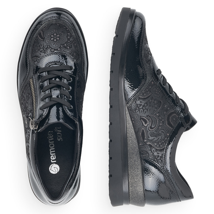Schwarze remonte Damen Sneaker R0701-03 mit Reißverschluss sowie Komfortweite G. Schuh von oben, liegend.